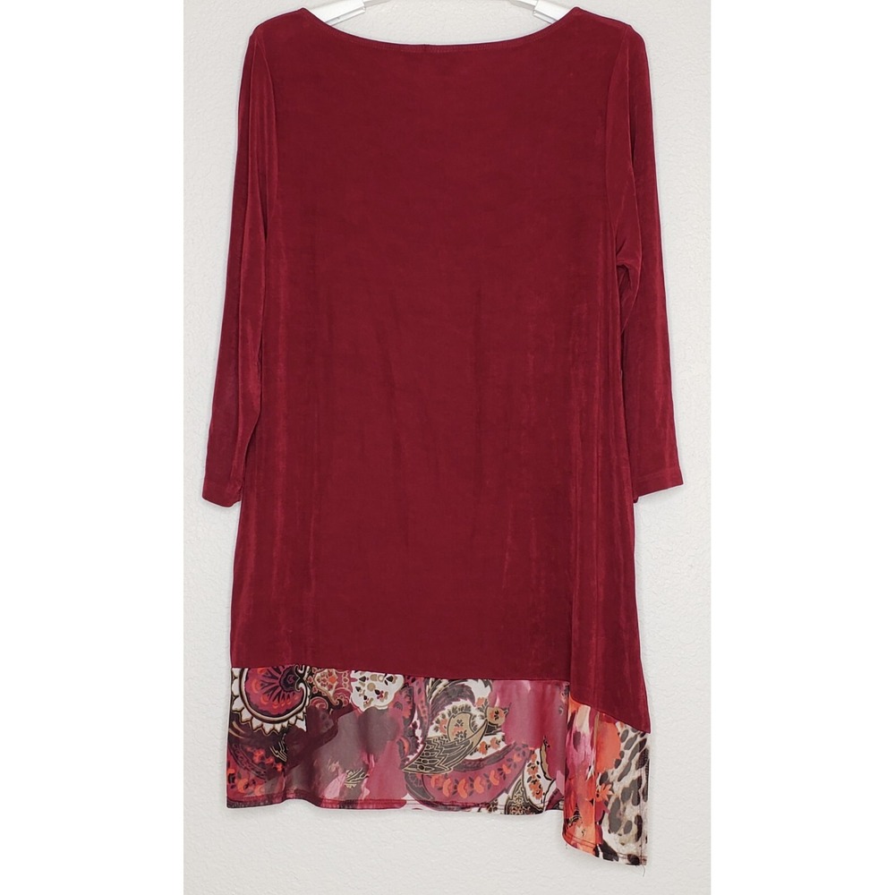 Chico's Travelers Tunic Top‎ Sz 1 (8-10) Maroon 3/4 Sleeve Asymmetrical Hem HiLo